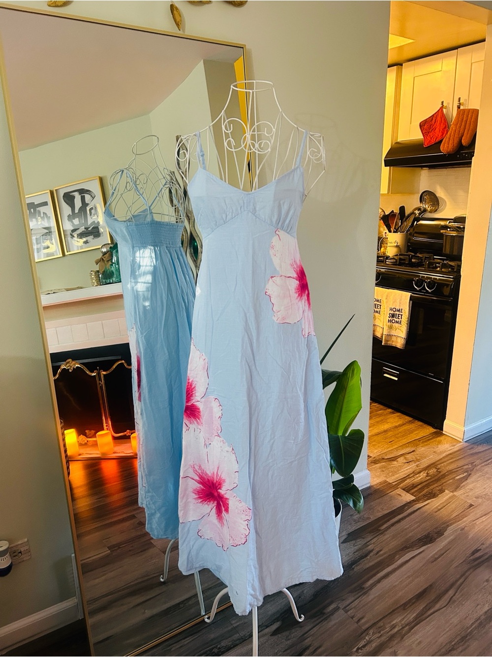 Sincerly Jules Light Blue Maxi Slip Dress with Pink Floral Print